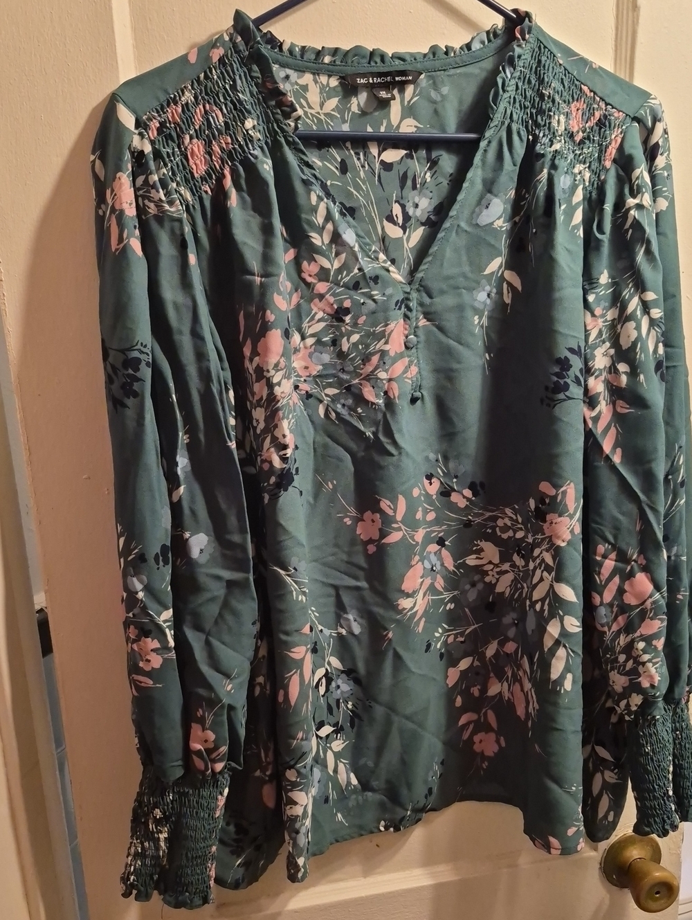 Zac & Rachel Teal Floral V-Neck Smocked Shoulder Blouse